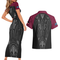 Queensland Maori Rugby Nga Hau e Wha Couples Matching Short Sleeve Bodycon Dress and Hawaiian Shirt Maroon Motif