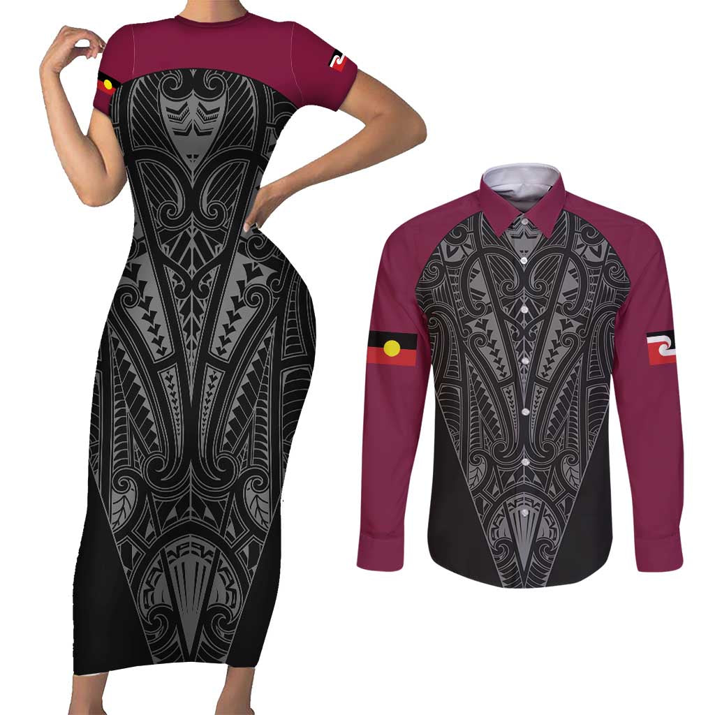 Queensland Maori Rugby Nga Hau e Wha Couples Matching Short Sleeve Bodycon Dress and Long Sleeve Button Shirt Maroon Motif LT9 Maroon - Polynesian Pride