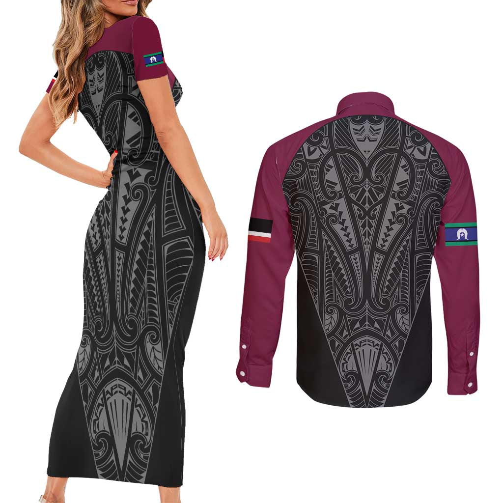 Queensland Maori Rugby Nga Hau e Wha Couples Matching Short Sleeve Bodycon Dress and Long Sleeve Button Shirt Maroon Motif