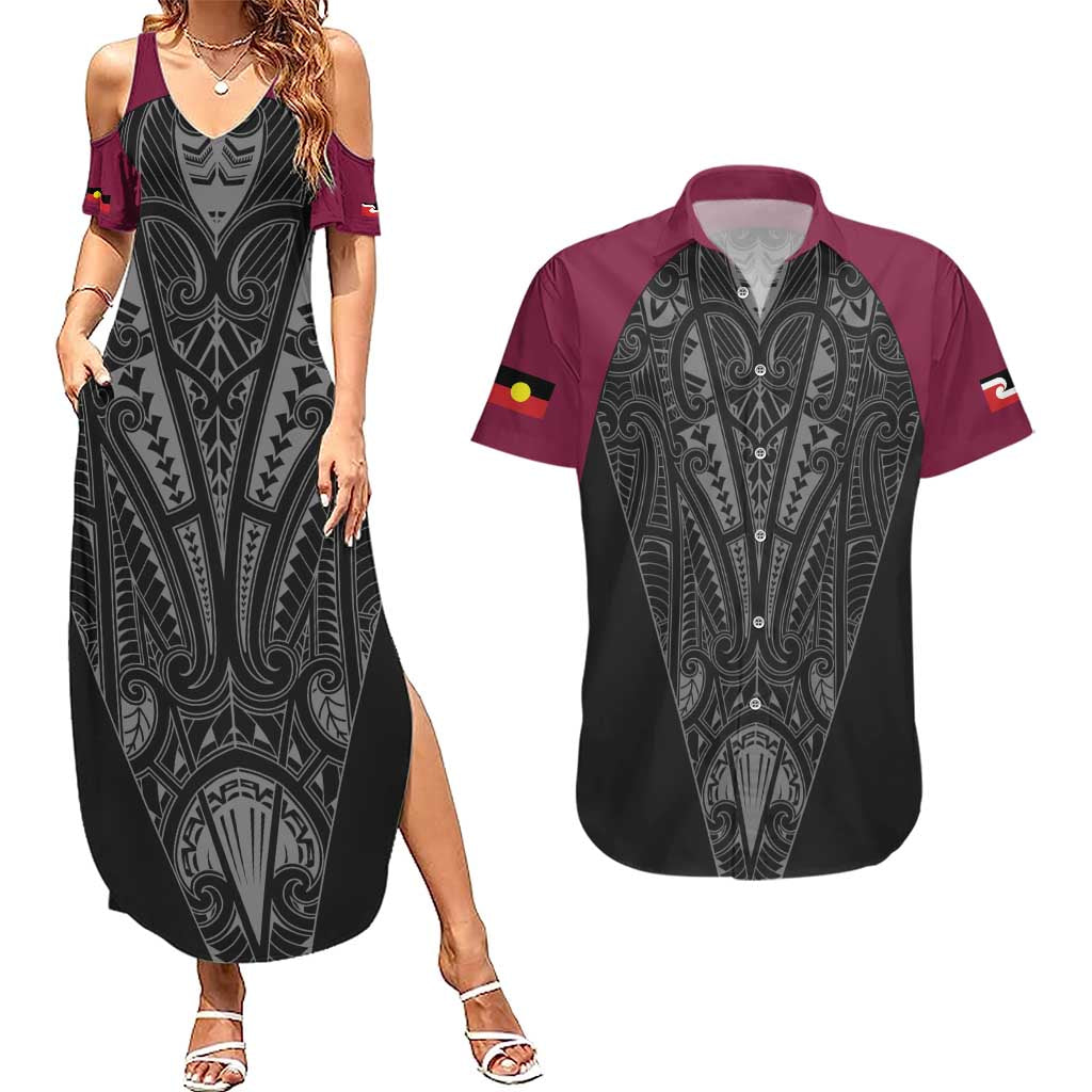 Queensland Maori Rugby Nga Hau e Wha Couples Matching Summer Maxi Dress and Hawaiian Shirt Maroon Motif LT9 Maroon - Polynesian Pride