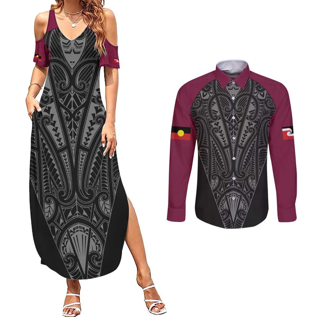Queensland Maori Rugby Nga Hau e Wha Couples Matching Summer Maxi Dress and Long Sleeve Button Shirt Maroon Motif LT9 Maroon - Polynesian Pride