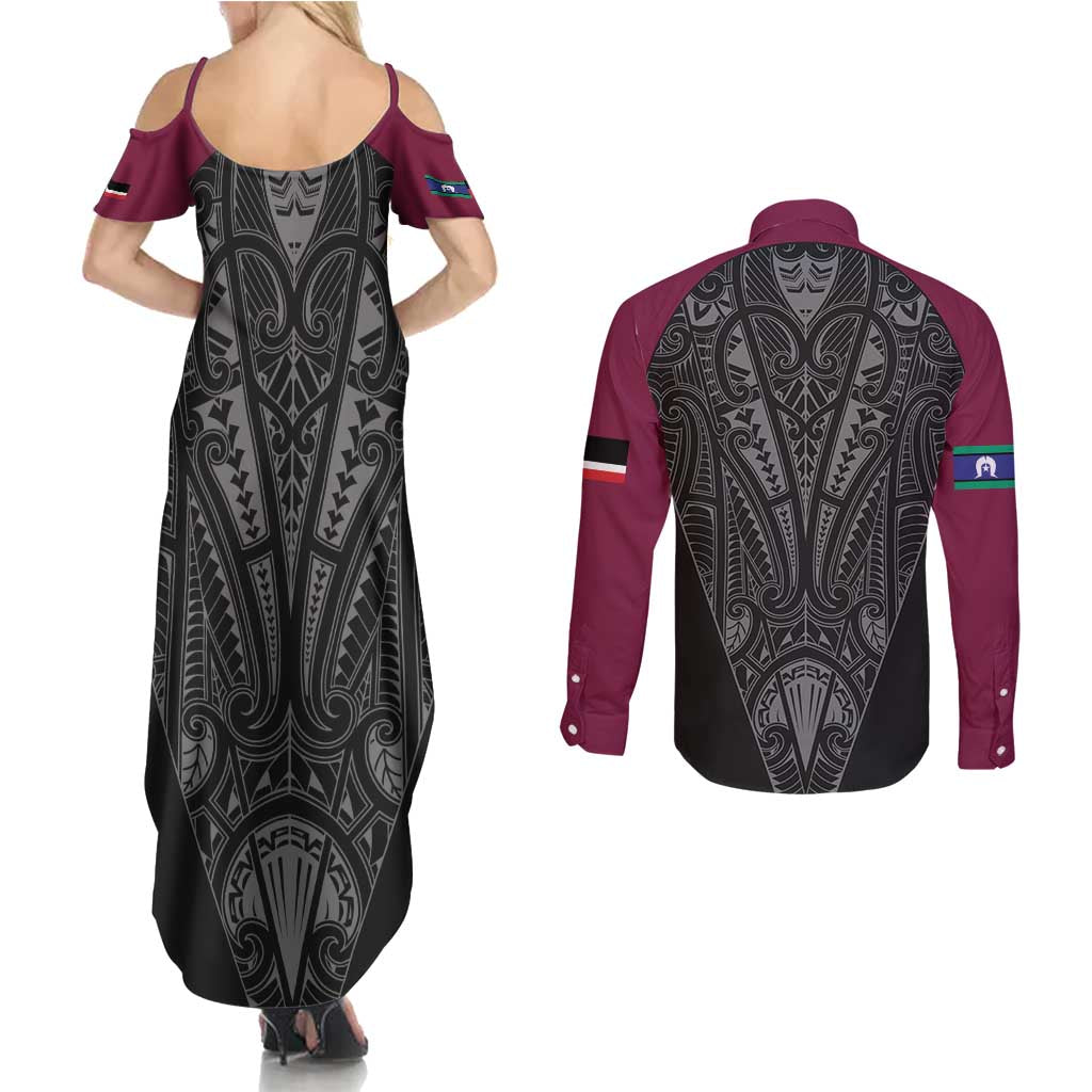 Queensland Maori Rugby Nga Hau e Wha Couples Matching Summer Maxi Dress and Long Sleeve Button Shirt Maroon Motif