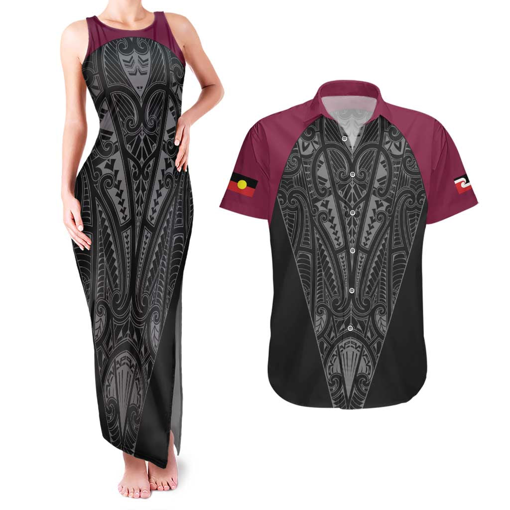 Queensland Maori Rugby Nga Hau e Wha Couples Matching Tank Maxi Dress and Hawaiian Shirt Maroon Motif