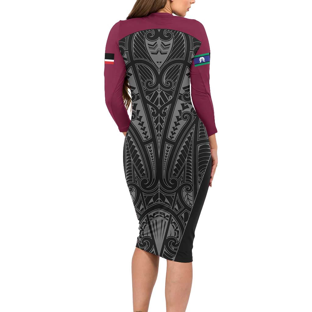Queensland Maori Rugby Nga Hau e Wha Family Matching Long Sleeve Bodycon Dress and Hawaiian Shirt Maroon Motif