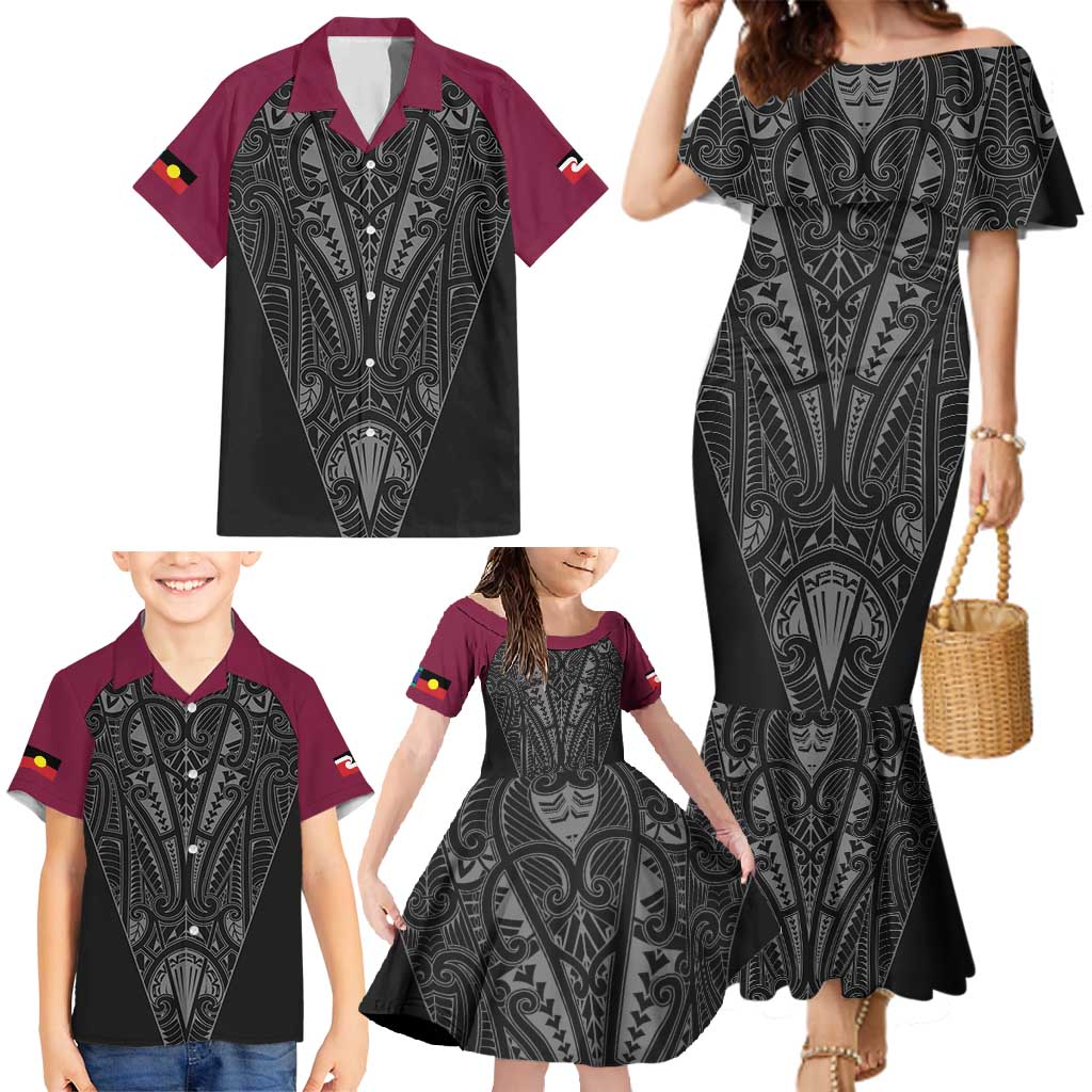 Queensland Maori Rugby Nga Hau e Wha Family Matching Mermaid Dress and Hawaiian Shirt Maroon Motif