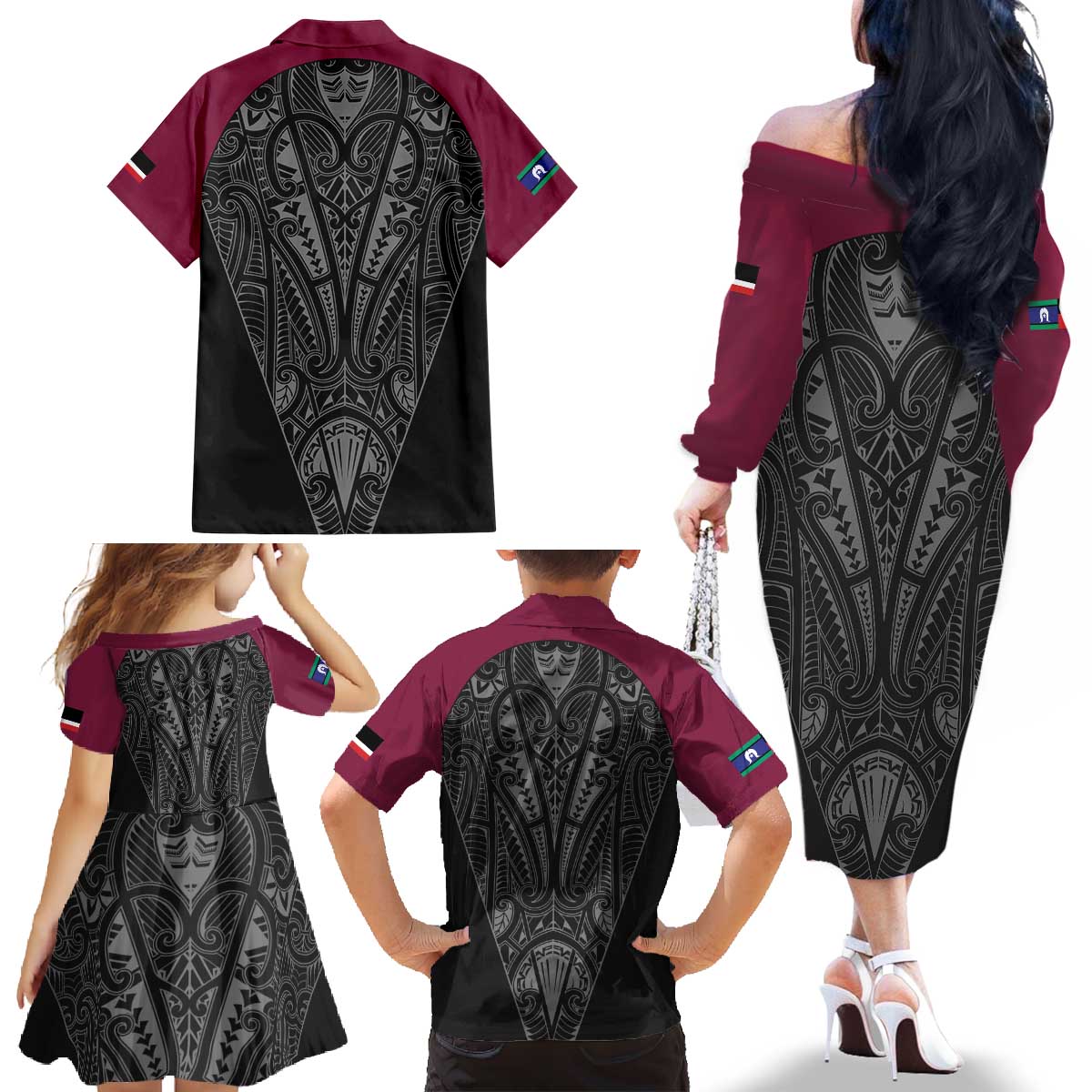 Queensland Maori Rugby Nga Hau e Wha Family Matching Off The Shoulder Long Sleeve Dress and Hawaiian Shirt Maroon Motif