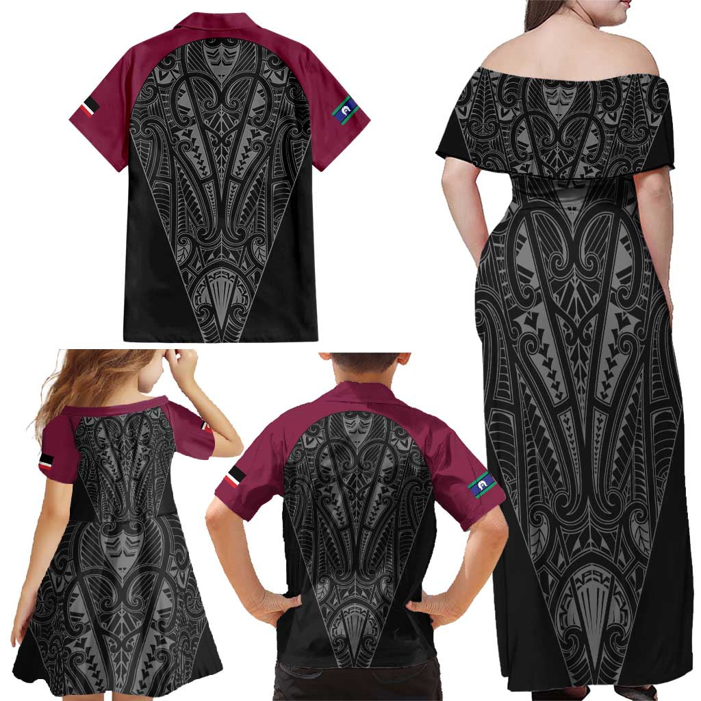Queensland Maori Rugby Nga Hau e Wha Family Matching Off Shoulder Maxi Dress and Hawaiian Shirt Maroon Motif