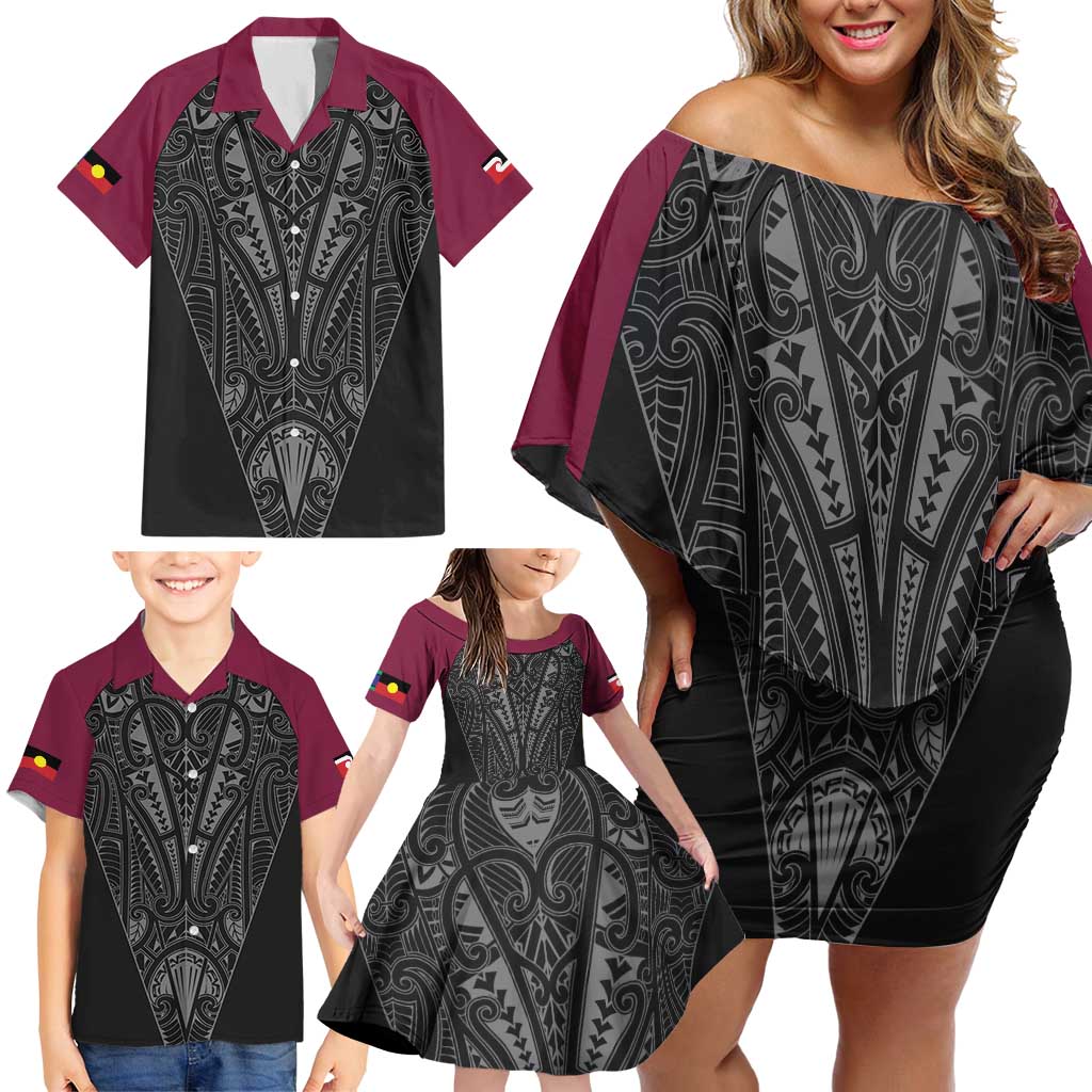 Queensland Maori Rugby Nga Hau e Wha Family Matching Off Shoulder Short Dress and Hawaiian Shirt Maroon Motif