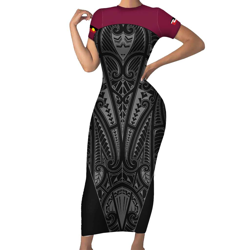 Queensland Maori Rugby Nga Hau e Wha Family Matching Short Sleeve Bodycon Dress and Hawaiian Shirt Maroon Motif