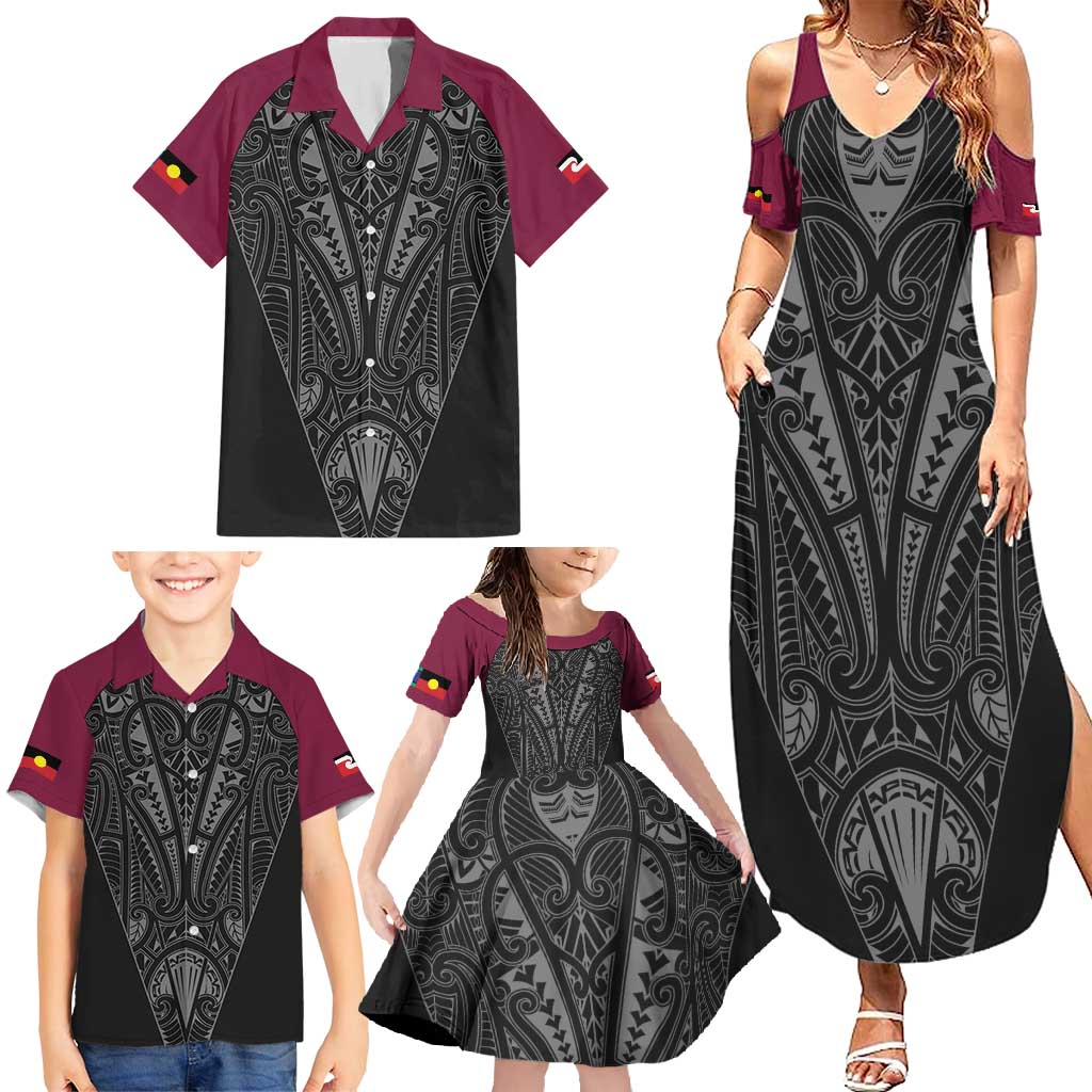 Queensland Maori Rugby Nga Hau e Wha Family Matching Summer Maxi Dress and Hawaiian Shirt Maroon Motif