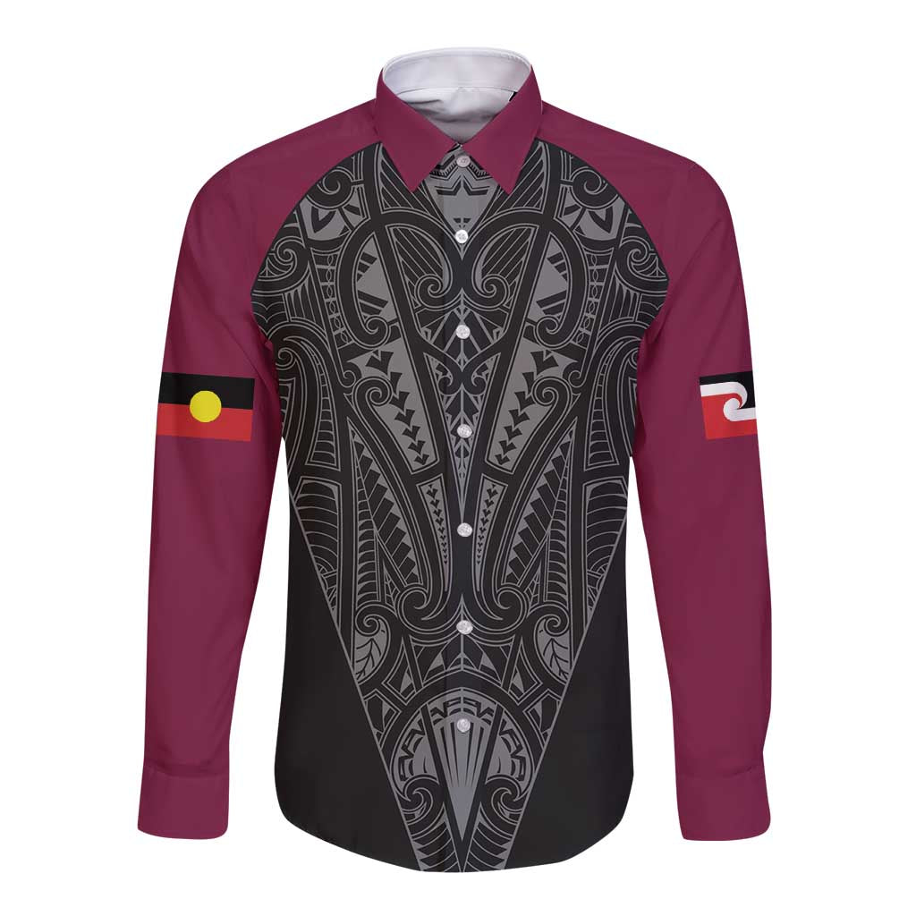 Queensland Maori Rugby Nga Hau e Wha Long Sleeve Button Shirt Maroon Motif LT9 Unisex Maroon - Polynesian Pride