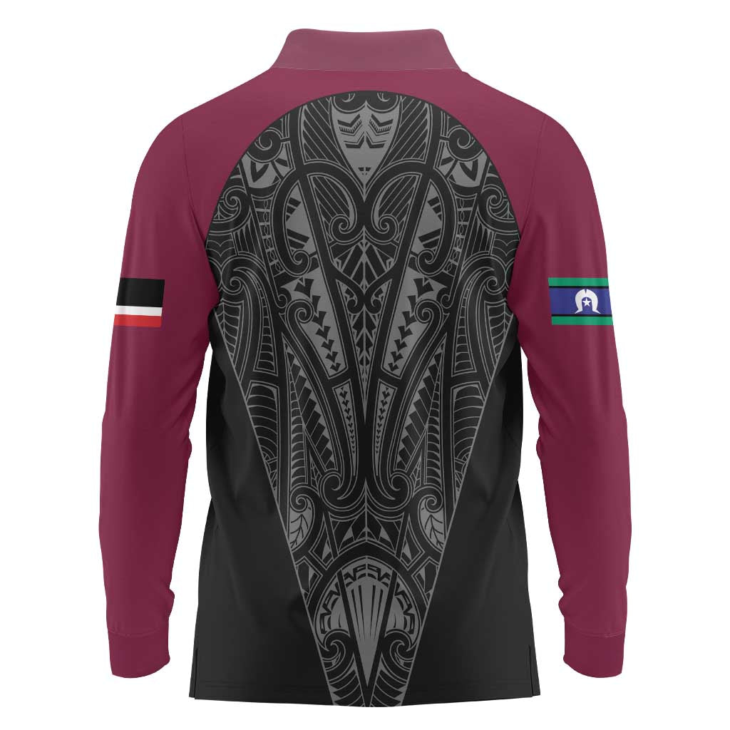 Queensland Maori Rugby Nga Hau e Wha Long Sleeve Polo Shirt Maroon Motif