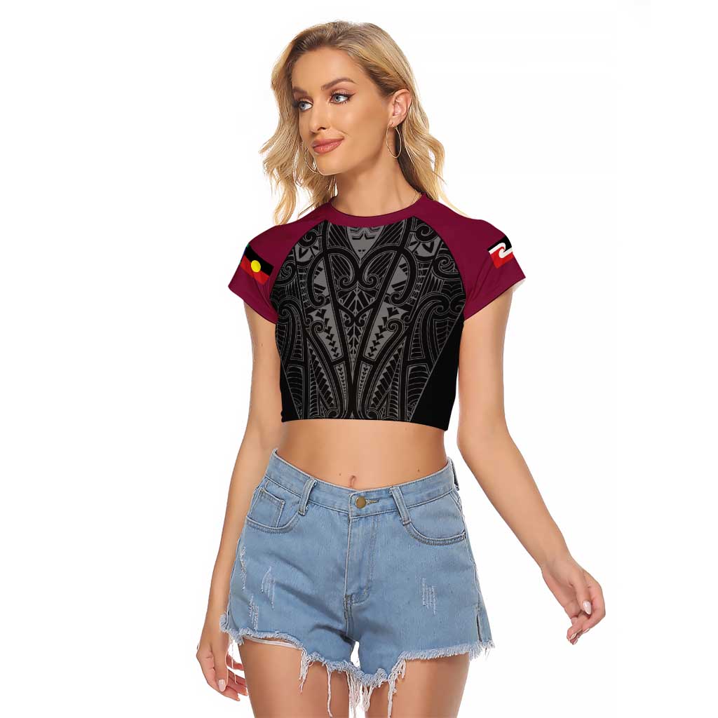 Queensland Maori Rugby Nga Hau e Wha Raglan Cropped T Shirt Maroon Motif LT9 Female Maroon - Polynesian Pride