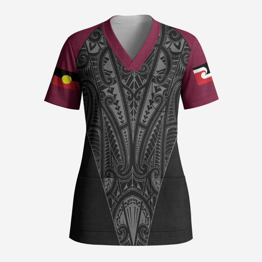 Queensland Maori Rugby Nga Hau e Wha Scrub Top Maroon Motif LT9 Adult Maroon - Polynesian Pride