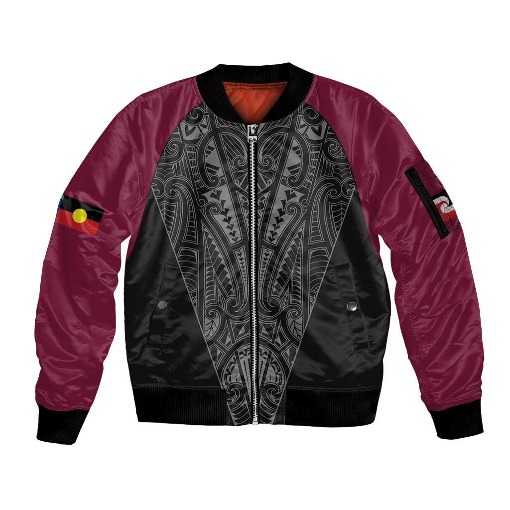 Queensland Maori Rugby Nga Hau e Wha Sleeve Zip Bomber Jacket Maroon Motif LT9 Unisex Maroon - Polynesian Pride
