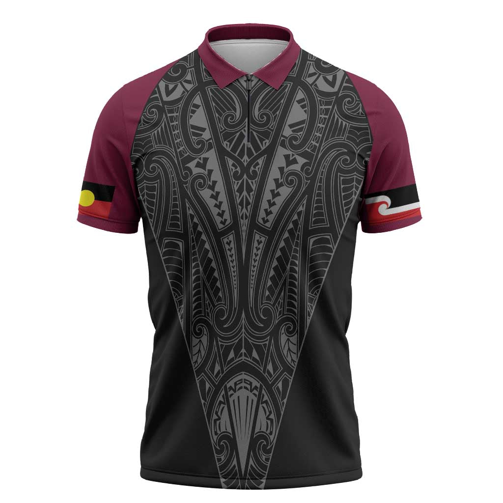 Queensland Maori Rugby Nga Hau e Wha Zipper Polo Shirt Maroon Motif - Polynesian Pride