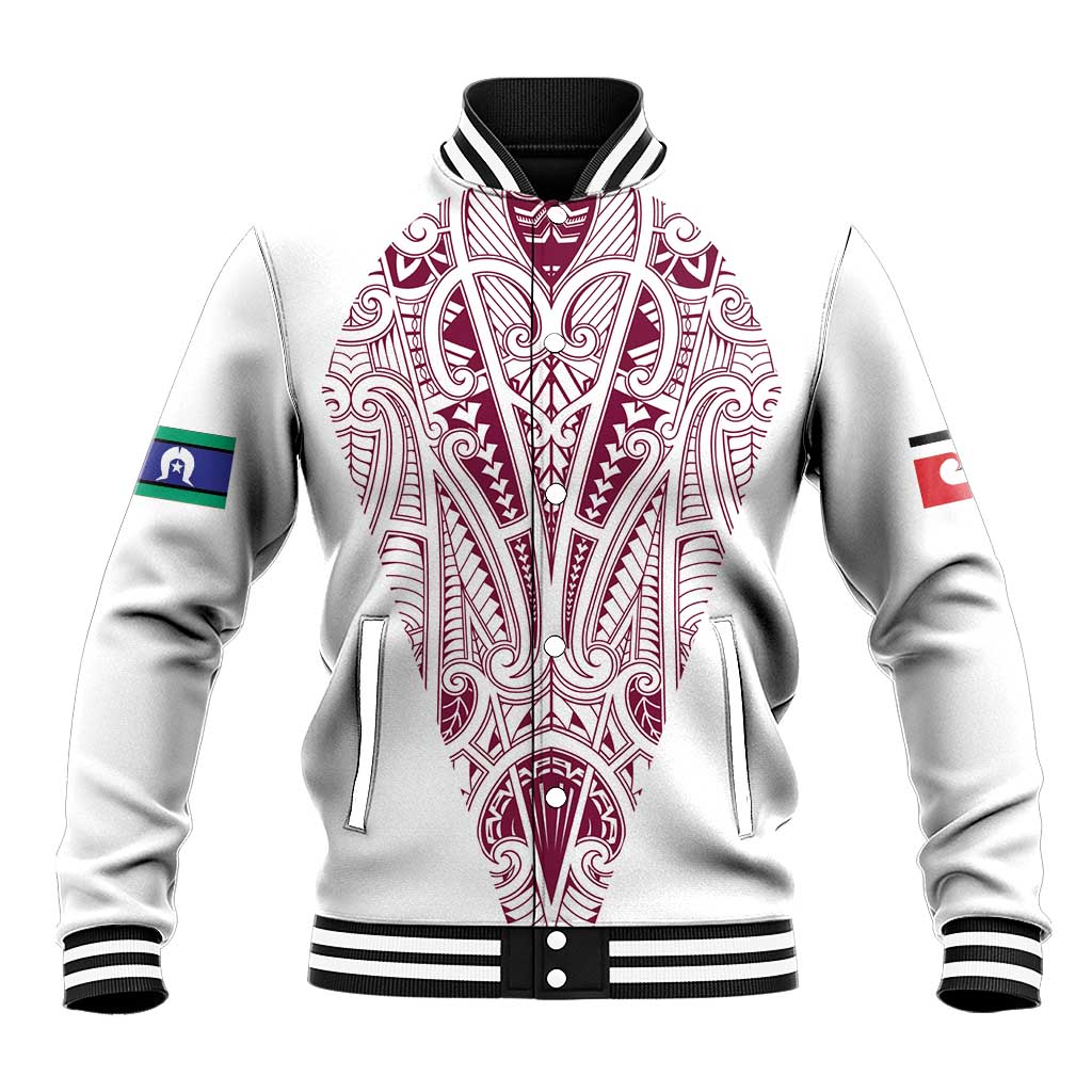 Queensland Maori Rugby Nga Hau e Wha Baseball Jacket White Motif LT9 Unisex White - Polynesian Pride