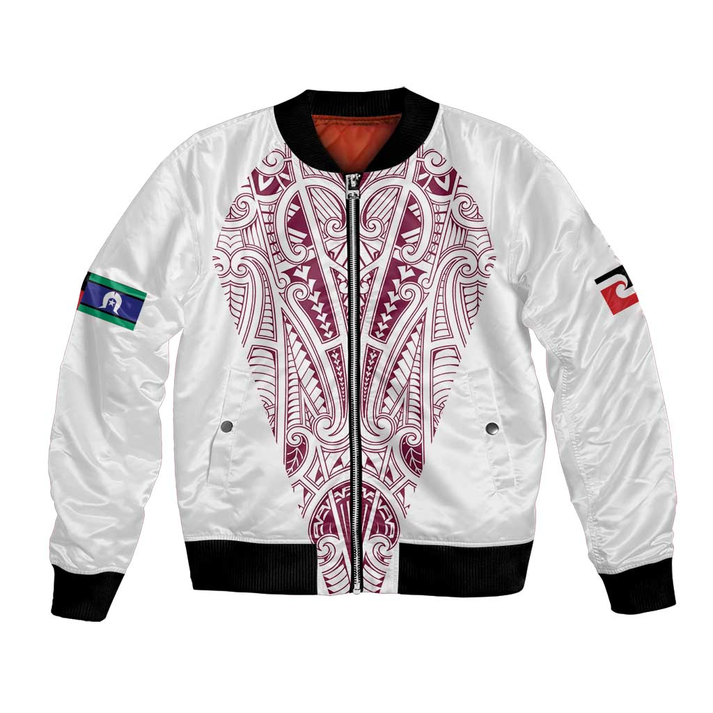 Queensland Maori Rugby Nga Hau e Wha Bomber Jacket White Motif LT9 Unisex White - Polynesian Pride