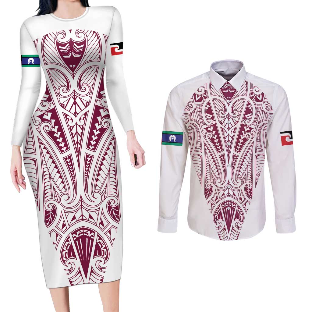 Queensland Maori Rugby Nga Hau e Wha Couples Matching Long Sleeve Bodycon Dress and Long Sleeve Button Shirt White Motif LT9 White - Polynesian Pride