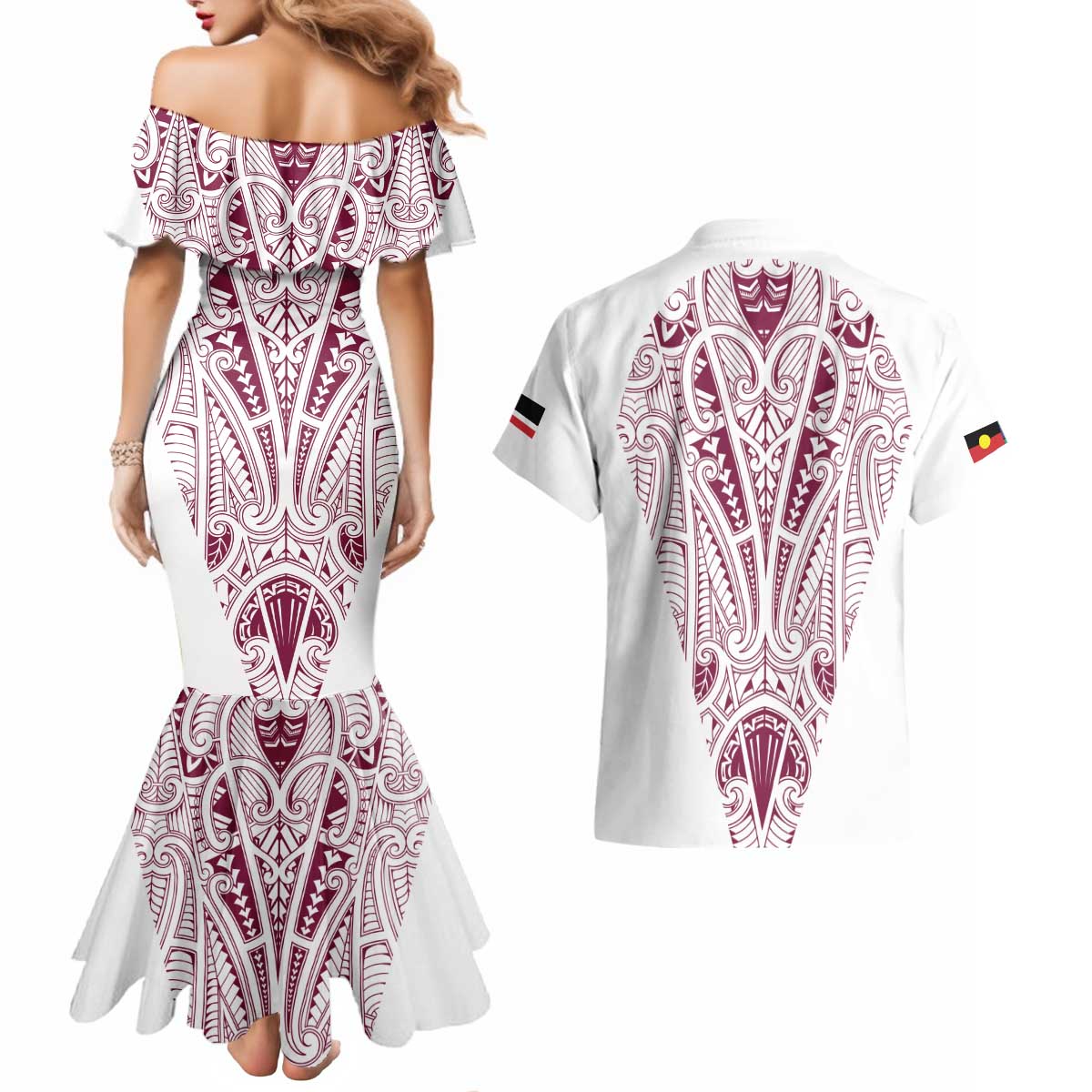 Queensland Maori Rugby Nga Hau e Wha Couples Matching Mermaid Dress and Hawaiian Shirt White Motif