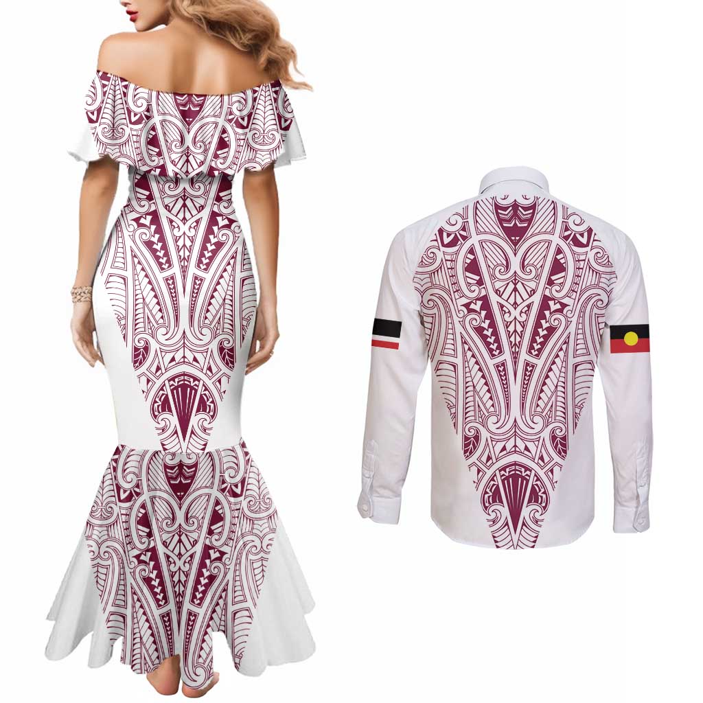 Queensland Maori Rugby Nga Hau e Wha Couples Matching Mermaid Dress and Long Sleeve Button Shirt White Motif