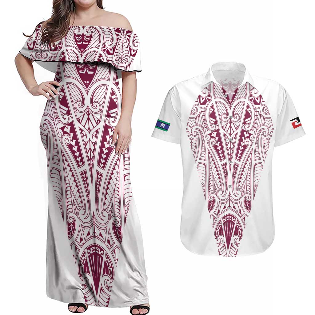 Queensland Maori Rugby Nga Hau e Wha Couples Matching Off Shoulder Maxi Dress and Hawaiian Shirt White Motif LT9 White - Polynesian Pride