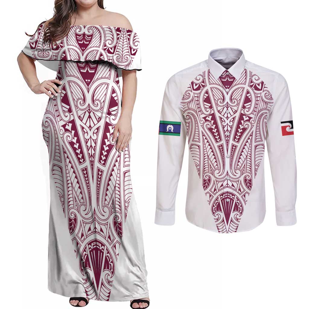 Queensland Maori Rugby Nga Hau e Wha Couples Matching Off Shoulder Maxi Dress and Long Sleeve Button Shirt White Motif LT9 White - Polynesian Pride