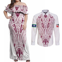 Queensland Maori Rugby Nga Hau e Wha Couples Matching Off Shoulder Maxi Dress and Long Sleeve Button Shirt White Motif