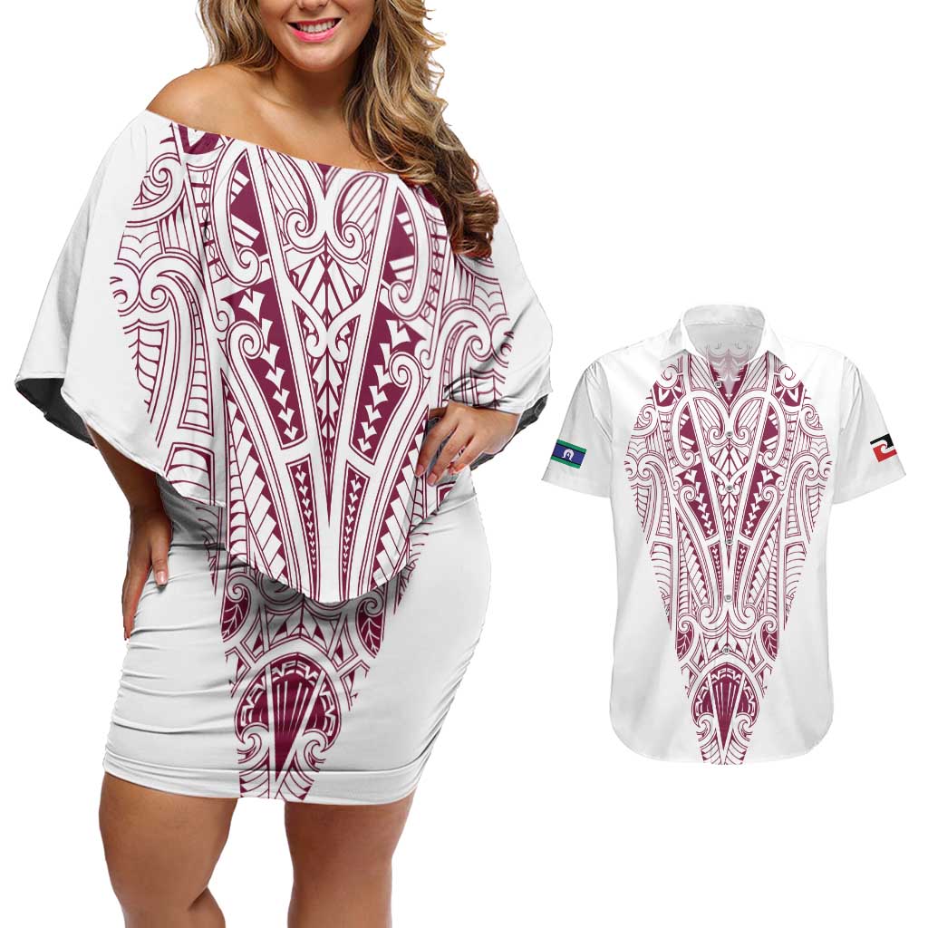 Queensland Maori Rugby Nga Hau e Wha Couples Matching Off Shoulder Short Dress and Hawaiian Shirt White Motif LT9 White - Polynesian Pride
