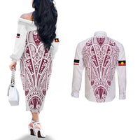Queensland Maori Rugby Nga Hau e Wha Couples Matching Off The Shoulder Long Sleeve Dress and Long Sleeve Button Shirt White Motif