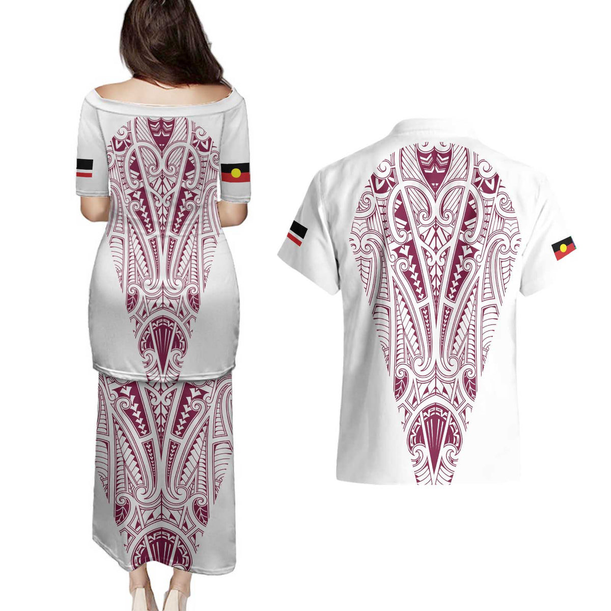 Queensland Maori Rugby Nga Hau e Wha Couples Matching Puletasi and Hawaiian Shirt White Motif
