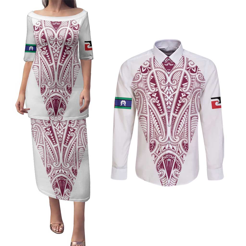Queensland Maori Rugby Nga Hau e Wha Couples Matching Puletasi and Long Sleeve Button Shirt White Motif LT9 White - Polynesian Pride