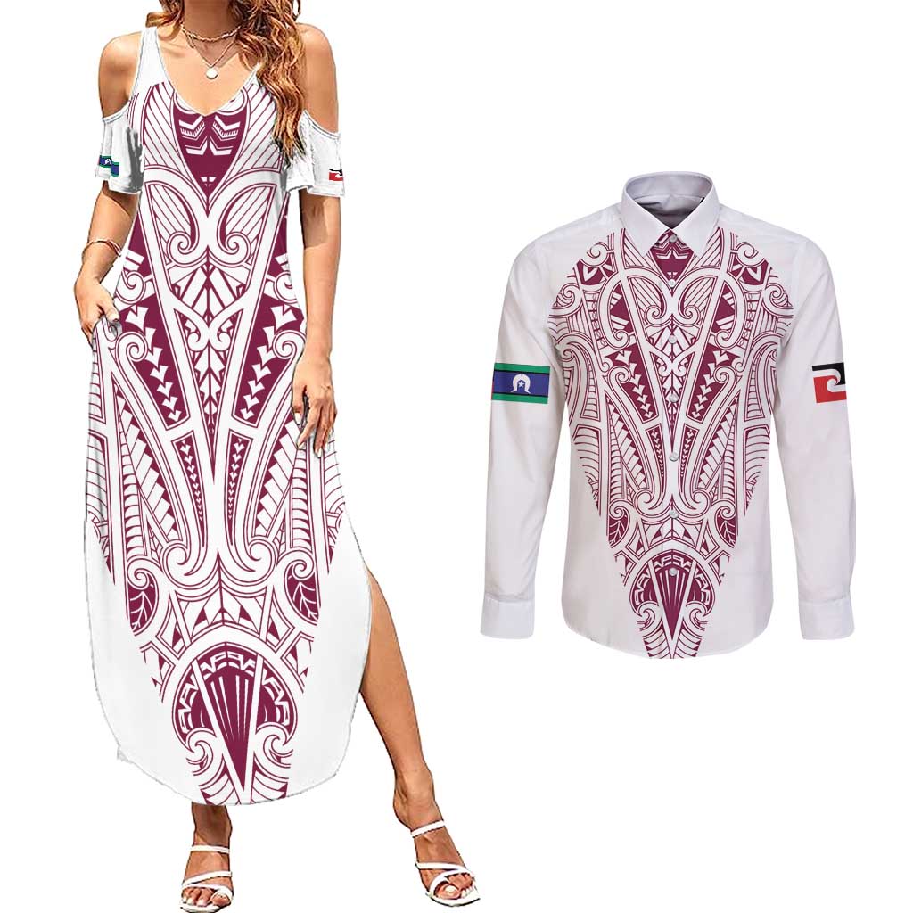 Queensland Maori Rugby Nga Hau e Wha Couples Matching Summer Maxi Dress and Long Sleeve Button Shirt White Motif