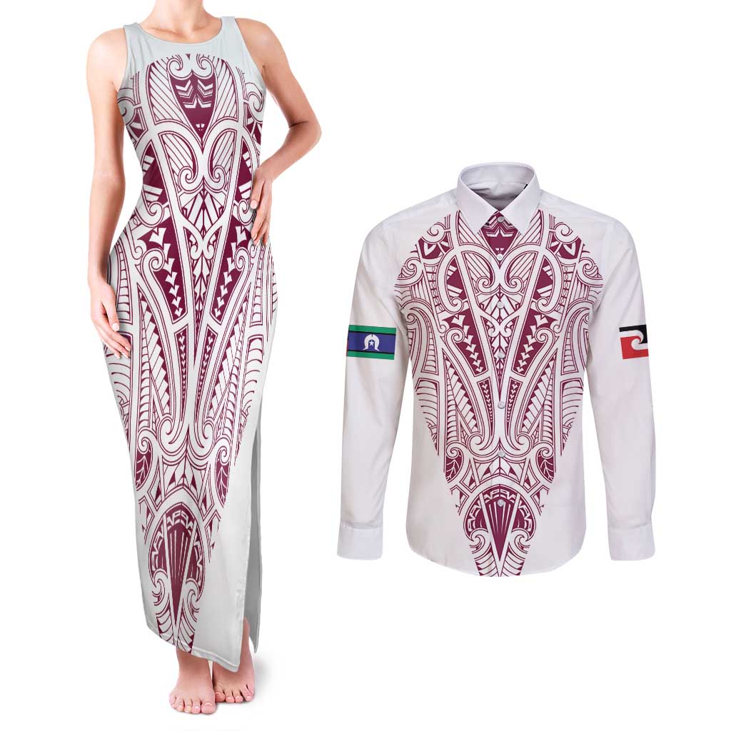 Queensland Maori Rugby Nga Hau e Wha Couples Matching Tank Maxi Dress and Long Sleeve Button Shirt White Motif LT9 White - Polynesian Pride