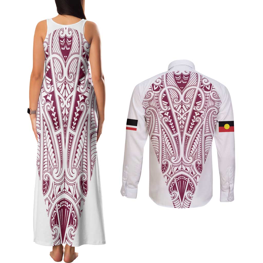 Queensland Maori Rugby Nga Hau e Wha Couples Matching Tank Maxi Dress and Long Sleeve Button Shirt White Motif