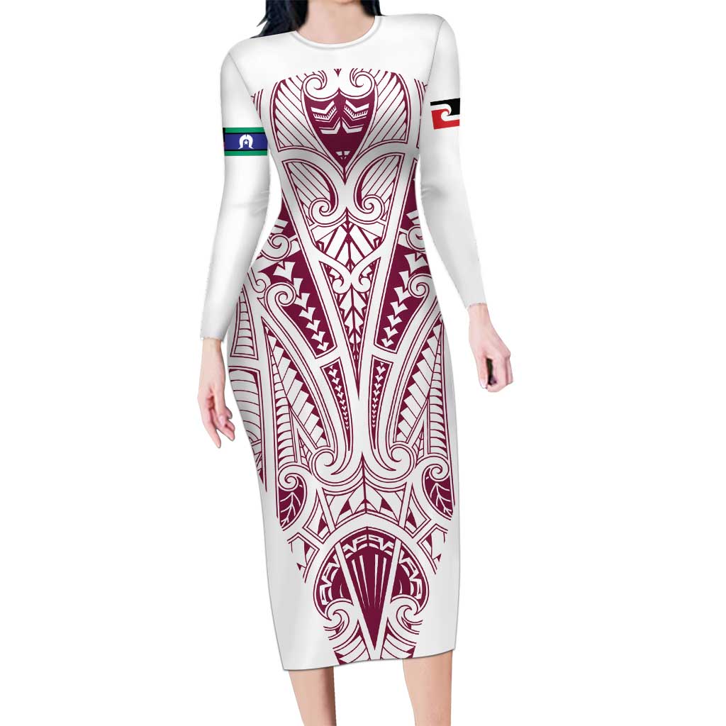 Queensland Maori Rugby Nga Hau e Wha Family Matching Long Sleeve Bodycon Dress and Hawaiian Shirt White Motif