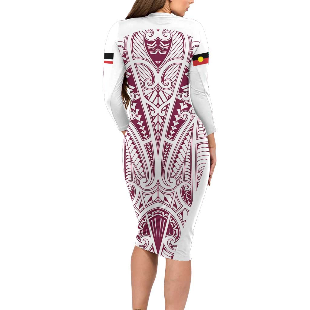 Queensland Maori Rugby Nga Hau e Wha Family Matching Long Sleeve Bodycon Dress and Hawaiian Shirt White Motif