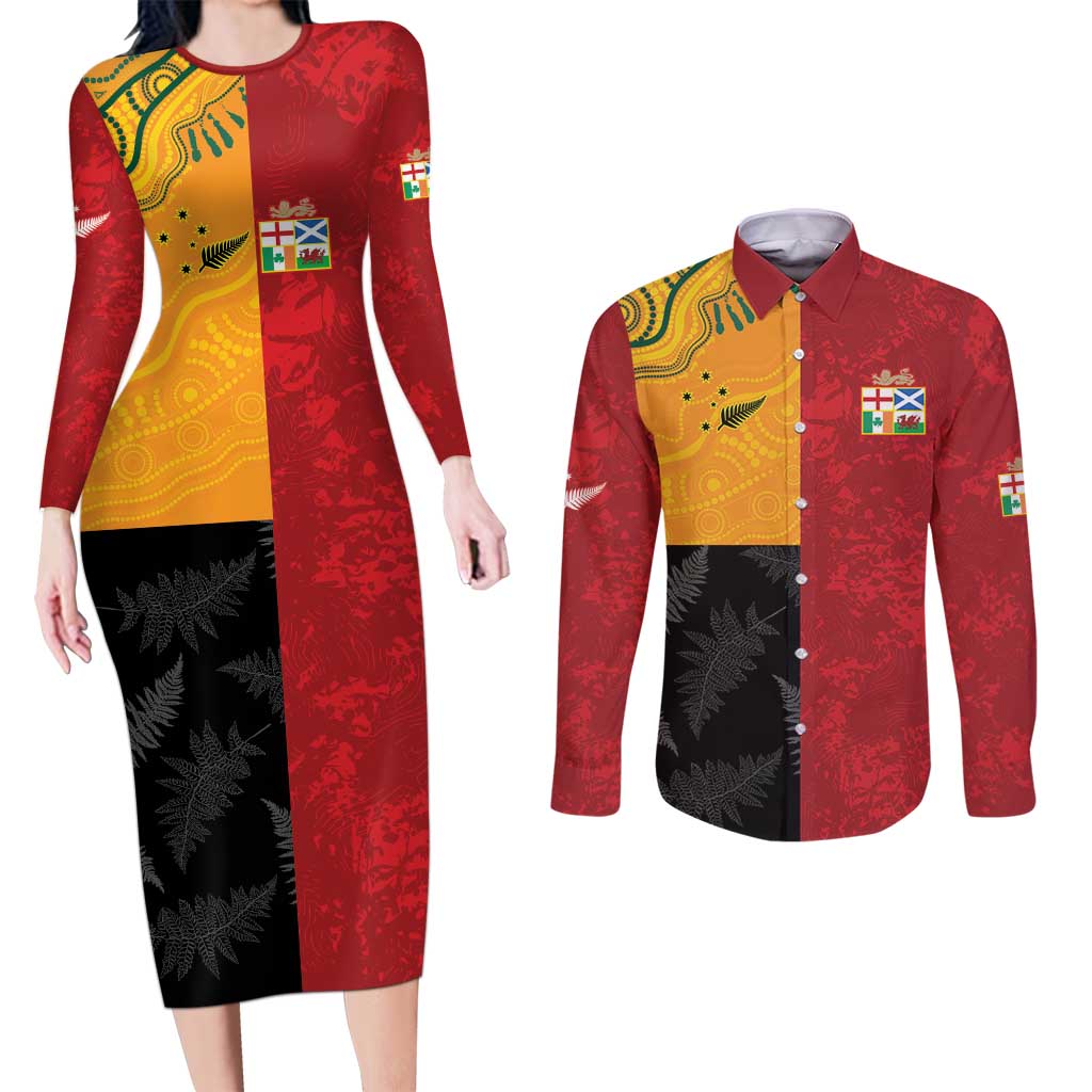 Custom British Lions-AUNZ Couples Matching Long Sleeve Bodycon Dress and Long Sleeve Button Shirt Australia-New Zealand Indigenous Motif