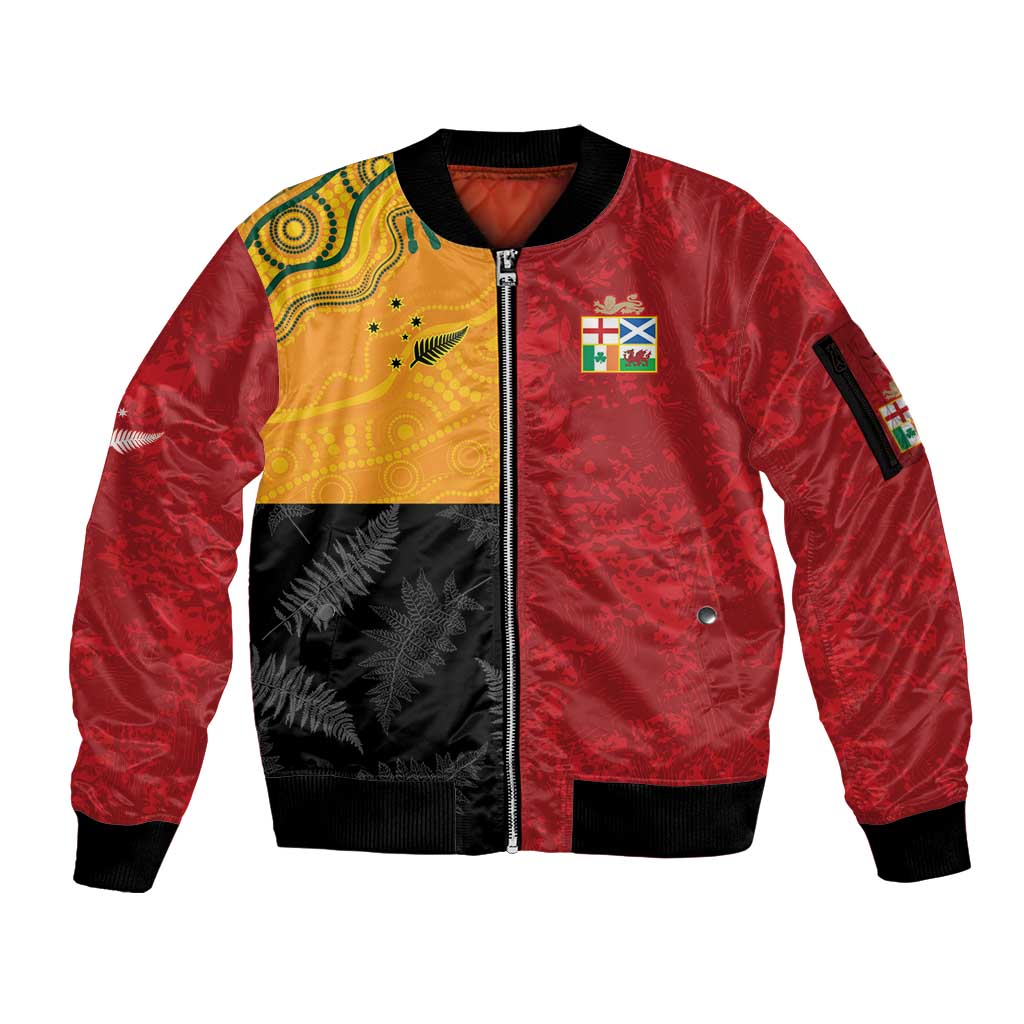 Custom British Lions-AUNZ Sleeve Zip Bomber Jacket Australia-New Zealand Indigenous Motif LT9 Unisex Red - Polynesian Pride