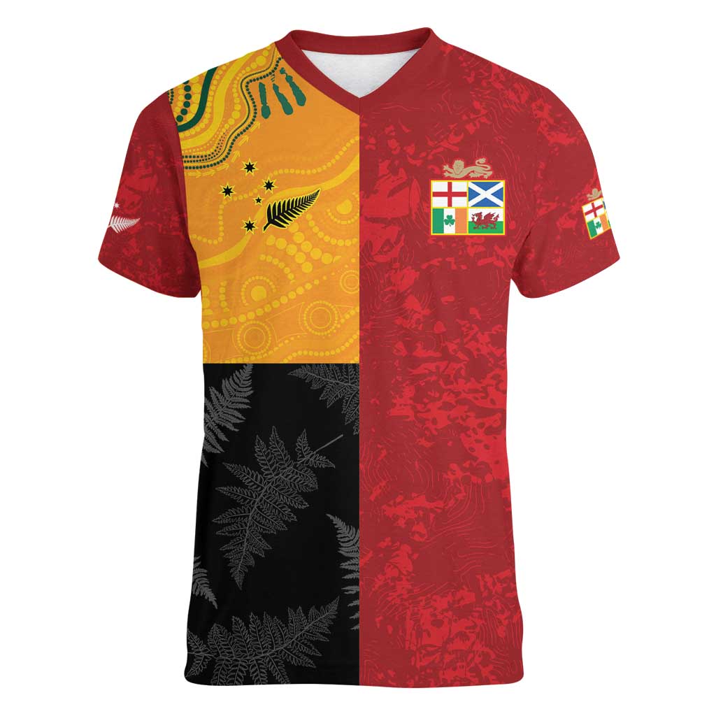 Custom British Lions-AUNZ Women V-Neck T-Shirt Australia-New Zealand Indigenous Motif