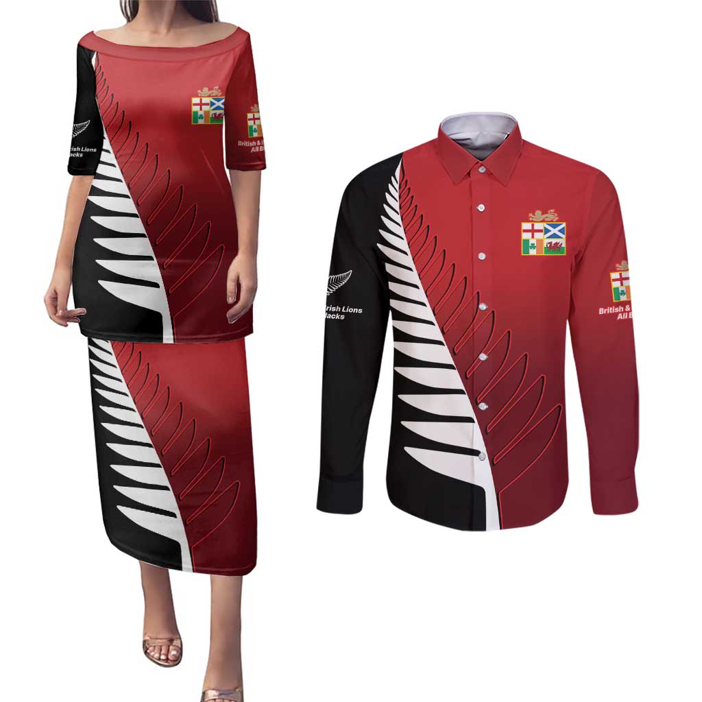 Custom British Lions New Zealand Couples Matching Puletasi and Long Sleeve Button Shirt Half Black Fern