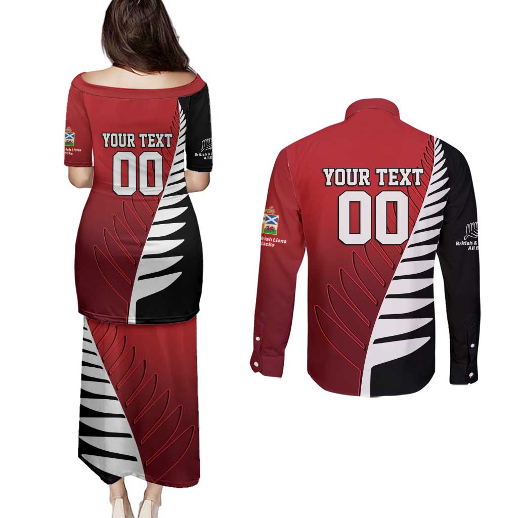 Custom British Lions New Zealand Couples Matching Puletasi and Long Sleeve Button Shirt Half Black Fern