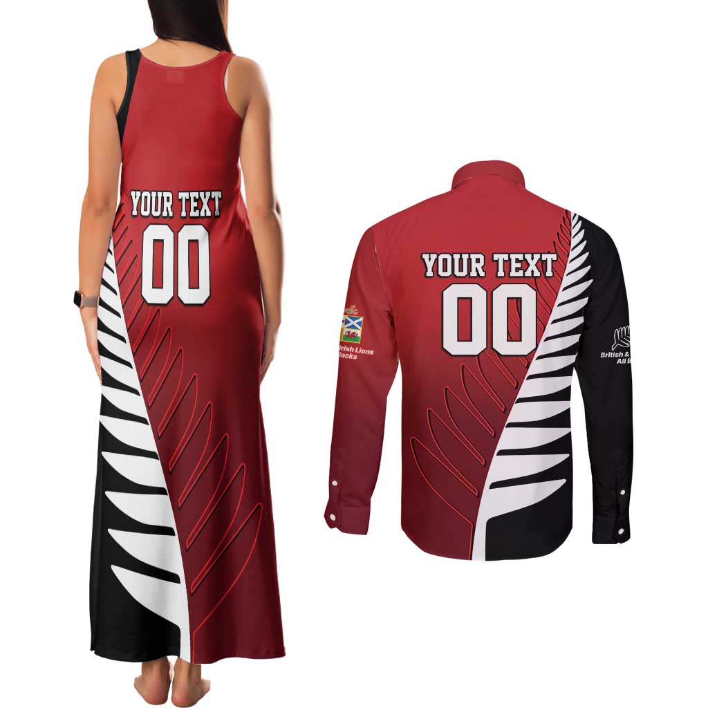 Custom British Lions New Zealand Couples Matching Tank Maxi Dress and Long Sleeve Button Shirt Half Black Fern