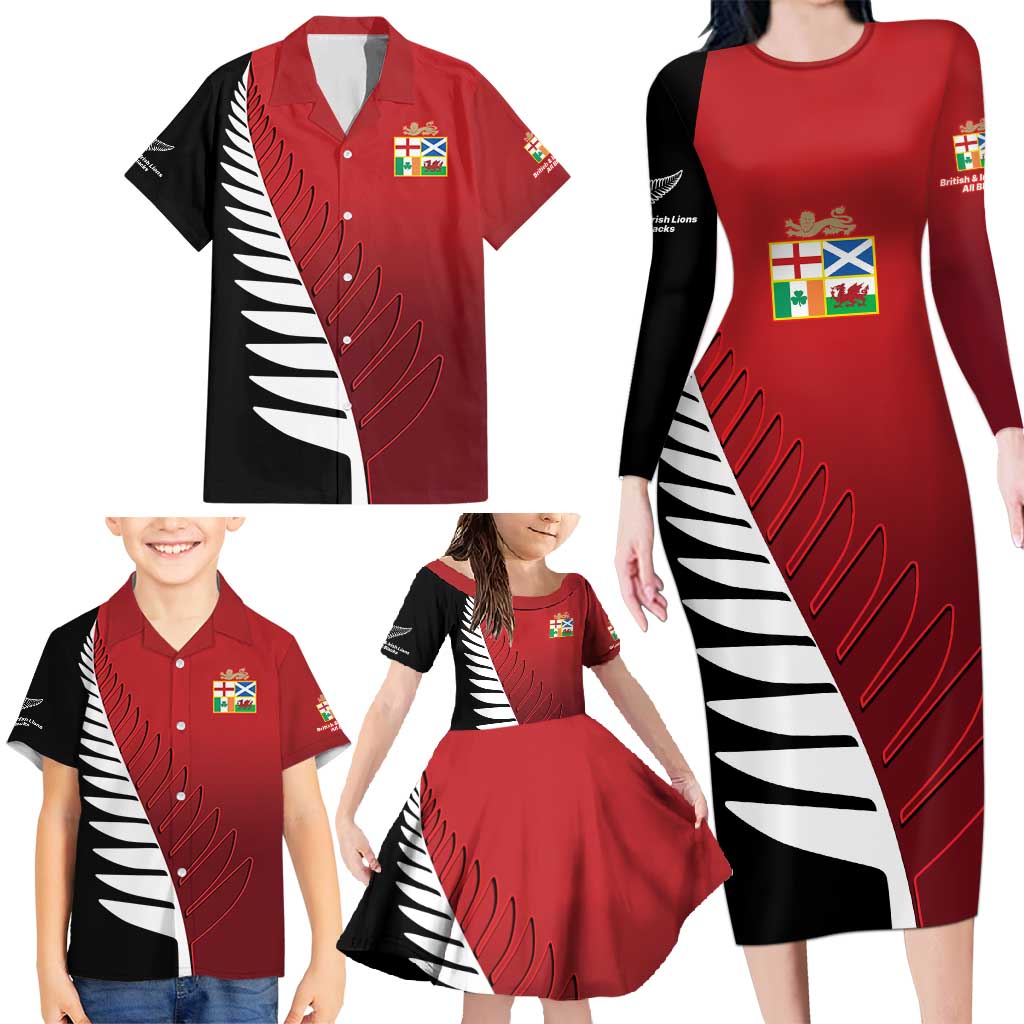Custom British Lions New Zealand Family Matching Long Sleeve Bodycon Dress and Hawaiian Shirt Half Black Fern