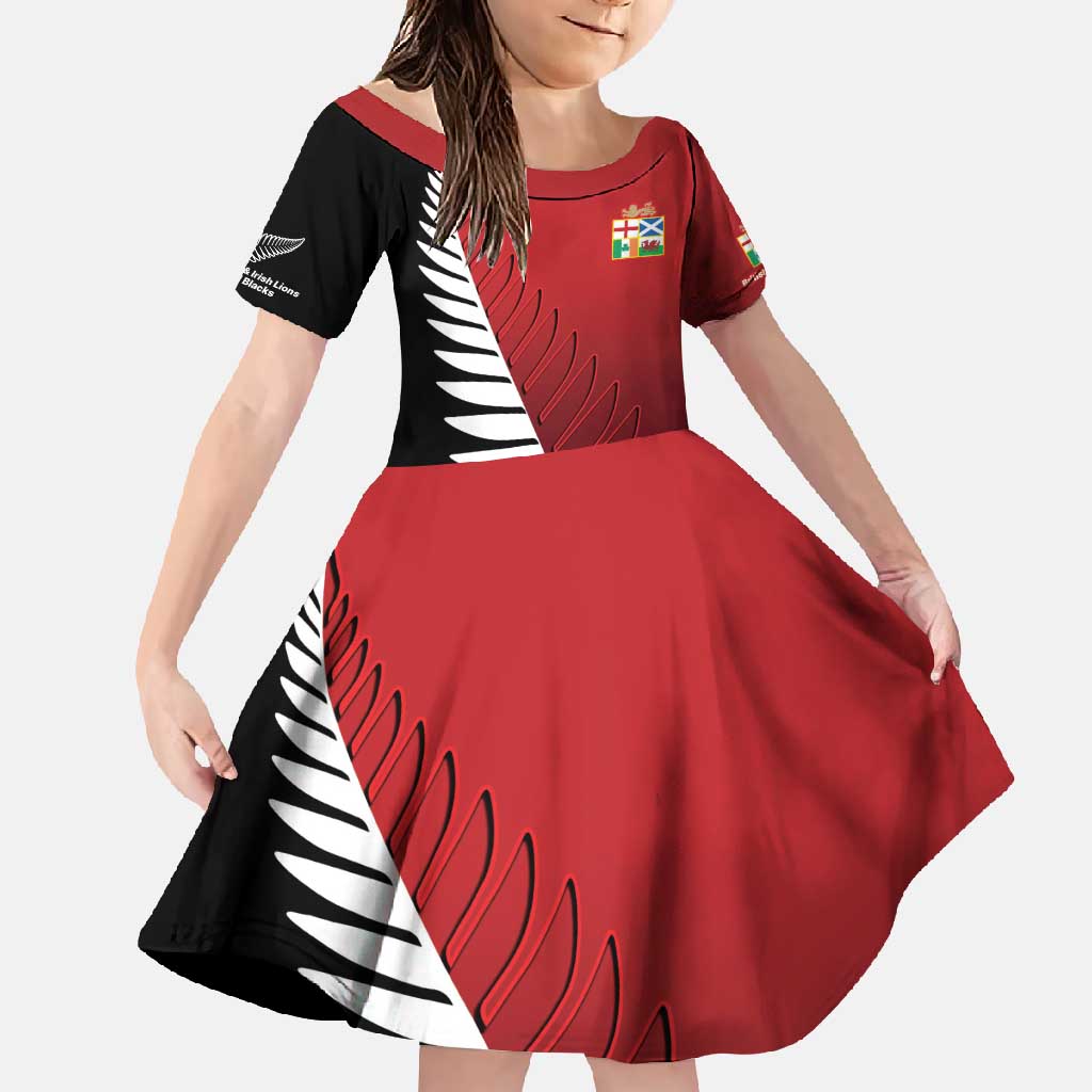 Custom British Lions New Zealand Family Matching Mermaid Dress and Hawaiian Shirt Half Black Fern LT9 Daughter's Dress Red - Polynesian Pride