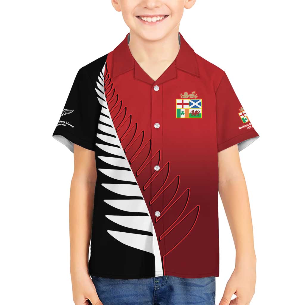 Custom British Lions New Zealand Kid Hawaiian Shirt Half Black Fern LT9 Kid Red - Polynesian Pride