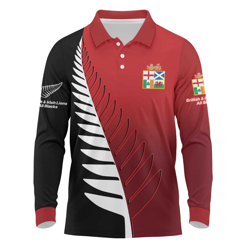 Custom British Lions New Zealand Long Sleeve Polo Shirt Half Black Fern LT9 Red - Polynesian Pride
