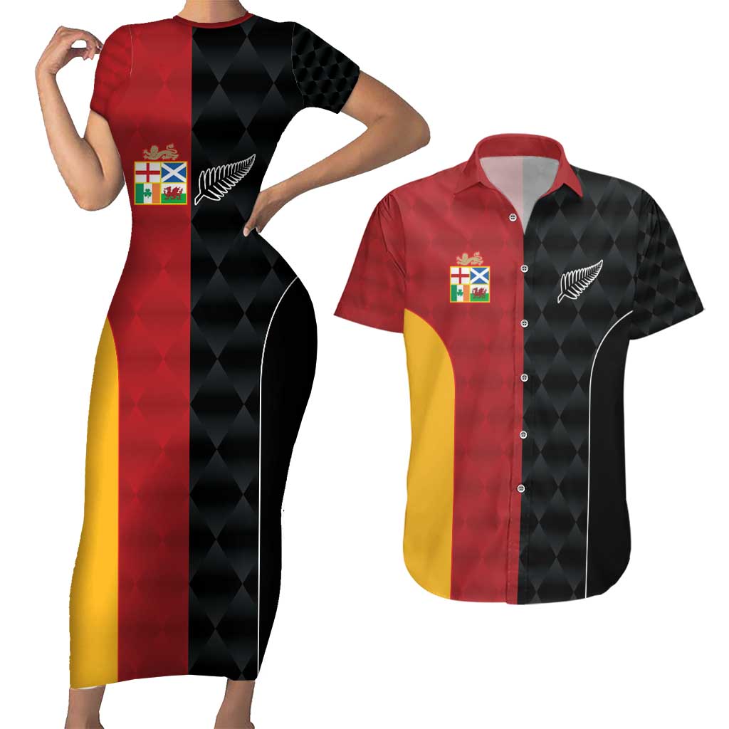 Custom British Lions New Zealand Couples Matching Short Sleeve Bodycon Dress and Hawaiian Shirt Sporty Style LT9 Black - Polynesian Pride