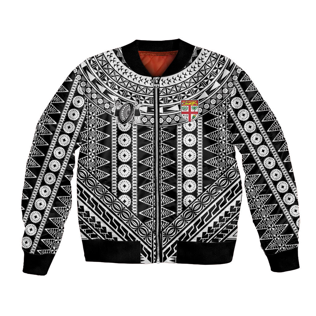Fiji Custom Rugby National Heritage Bomber Jacket Black Traditional Masi Inspired