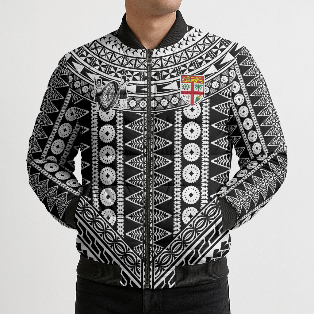 Fiji Custom Rugby National Heritage Bomber Puffer Jacket Black Traditional Masi Inspired